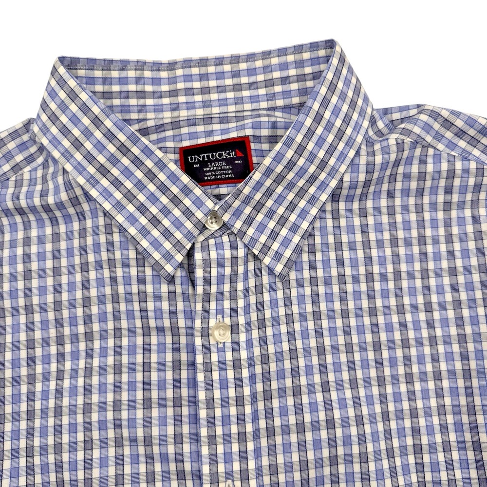UNTUCKit Button Down Mens Large Blue Plaid Wrinkle Free Cotton Long Sleeve Shirt